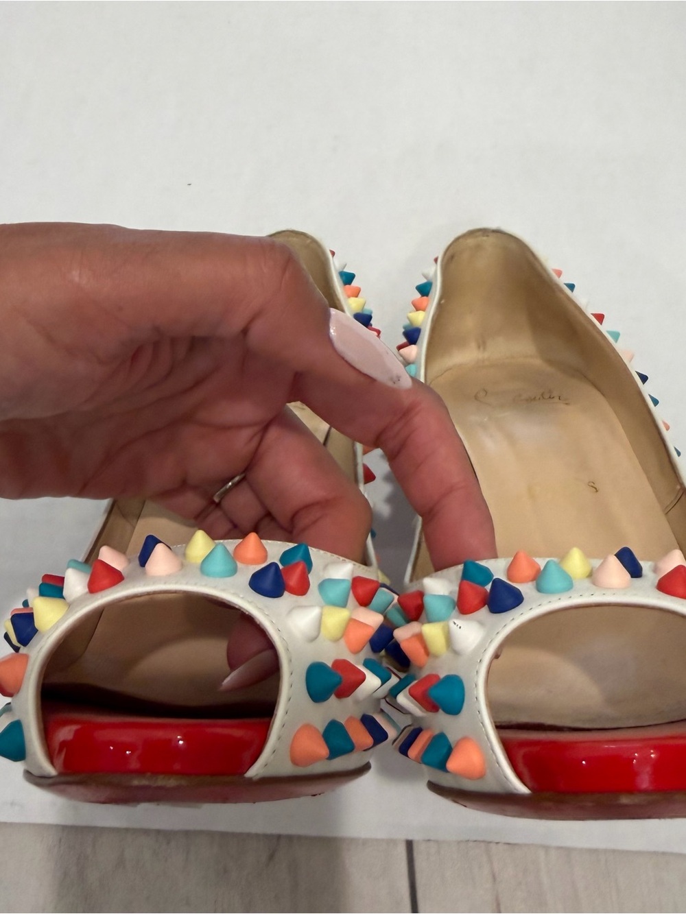 Christian Louboutin White Pigelle Spiked Peep Toe studded heels - Picture 2 of 8